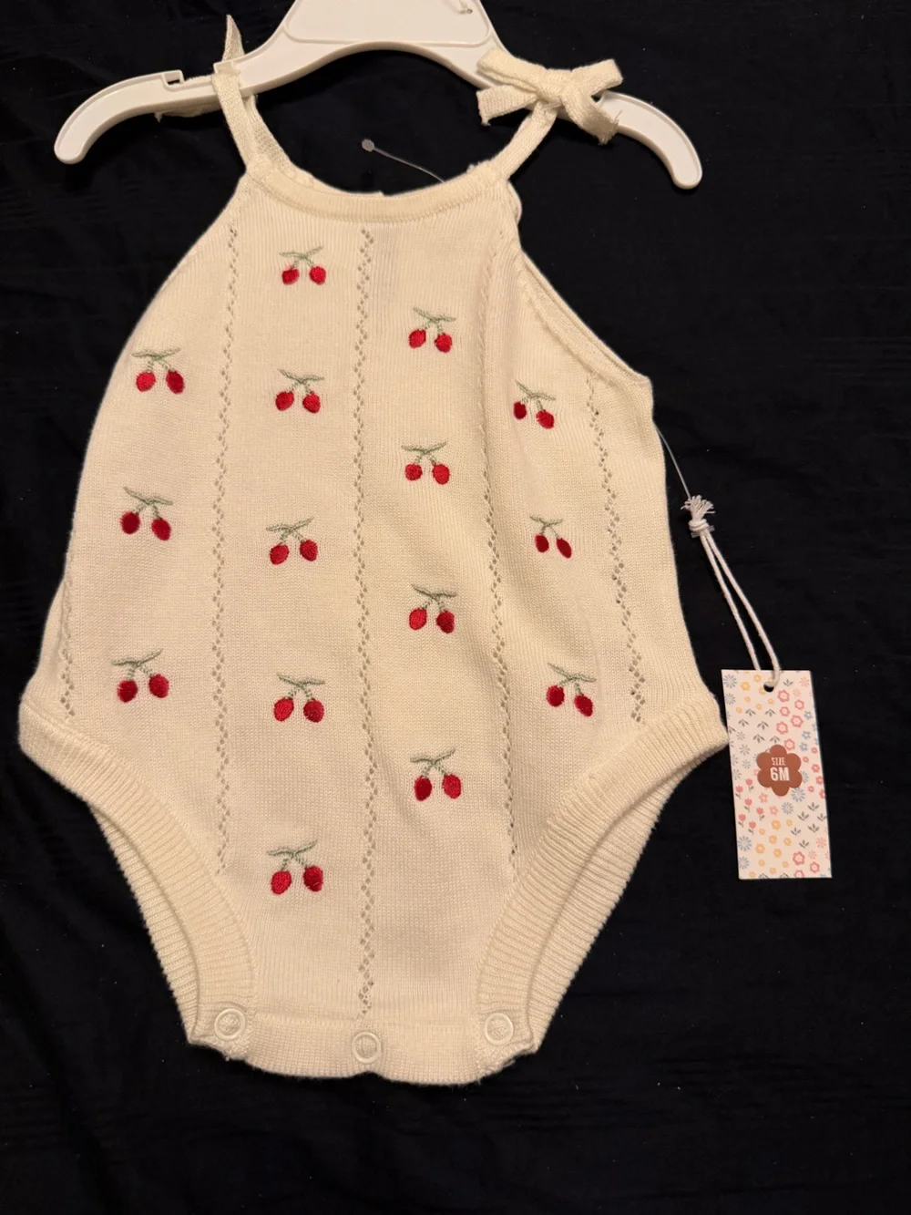 Cream Knit Cherry-Embroidered Baby One-Piece Romper by Between